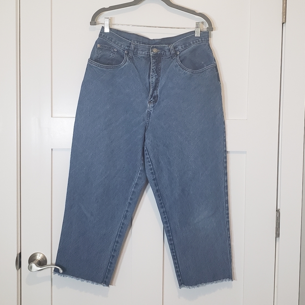Bill Blass Vintage Wide Leg High Rise Cropped Jeans Frayed Hem Size 14 Med Wash